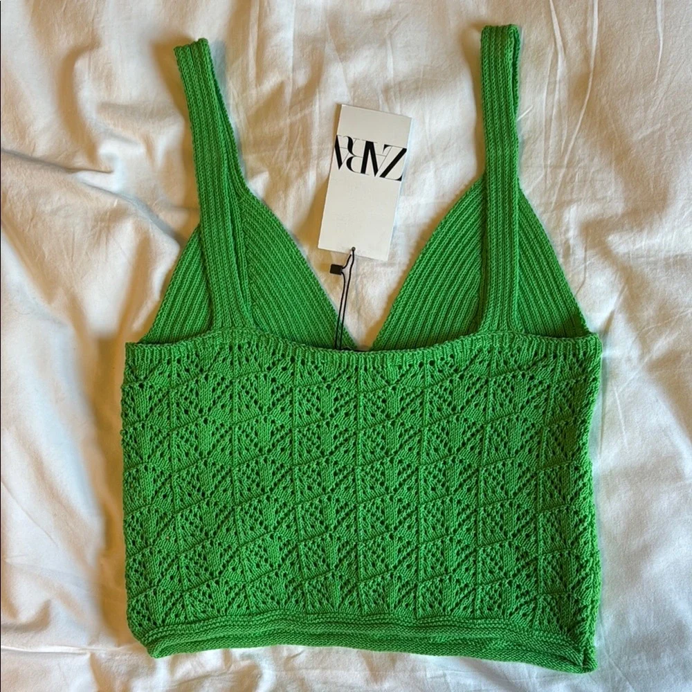 Zara Green Crochet Crop Tank Top NWT - Picture 3 of 6